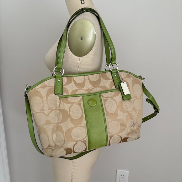 Coach Poppy Signature C Green Patent Leather & Khaki Canvas Satchel Shoulder Bag - Picture 1 of 14